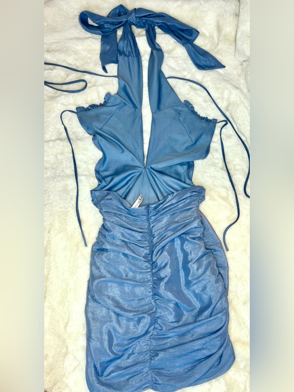 Lucy in the Sky Metallic Slate Blue Plunge Halter Ruched Bodycon Mini Dress